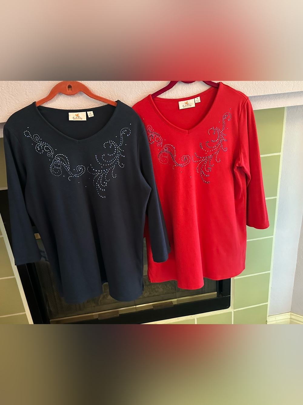 Quacker Factory Navy and Red V-Neck Rhinestone Tunics Pair